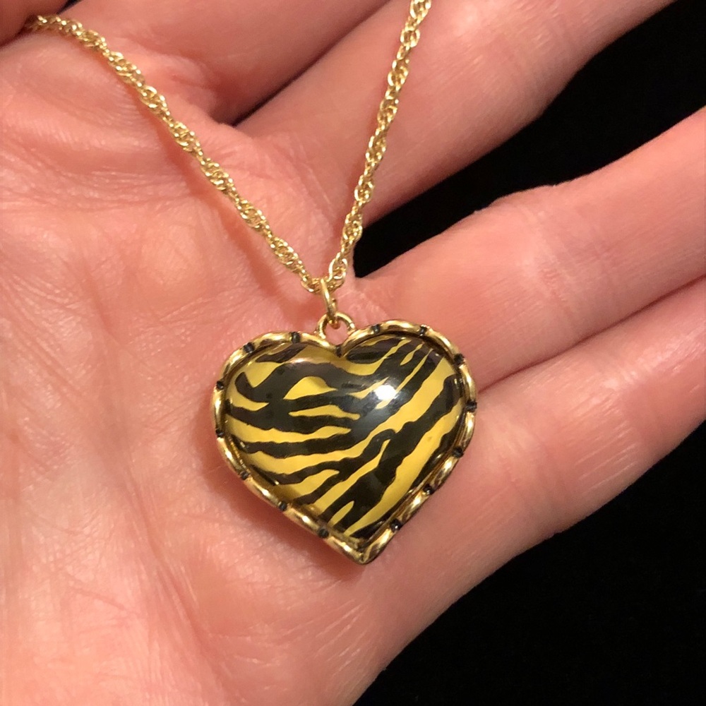 Gold Tone and Black Heart Animal Print Pendant Necklace